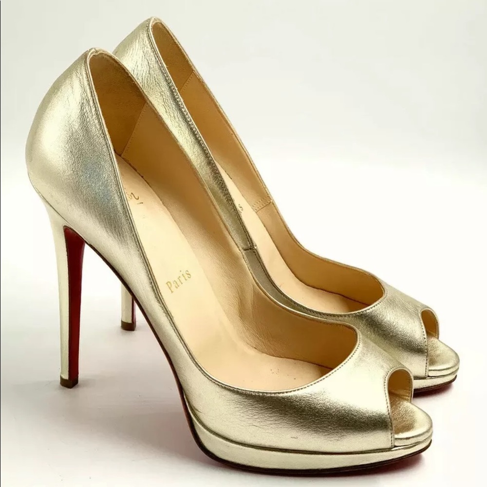 CHRISTIAN LOUBOUTIN Light Gold Leather Peep Toe Platform Pumps - EU 39 - US 9